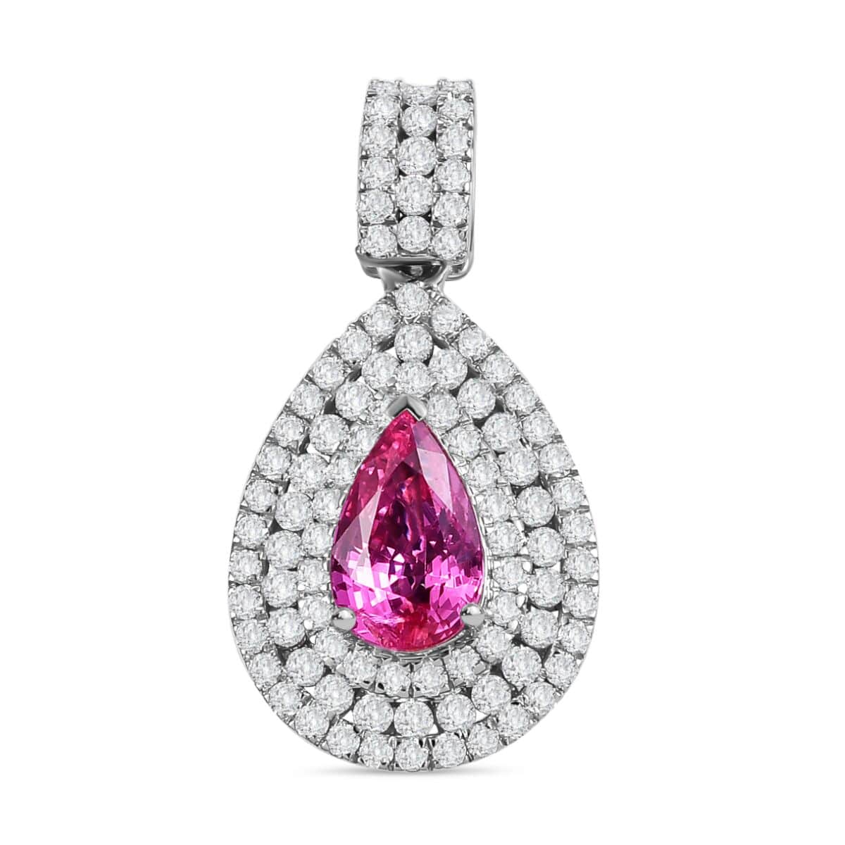 Certified & Appraised Rhapsody AAAA Padparadscha Sapphire and E-F VS2 Diamond 2.75 ctw Double Halo Pendant in 950 Platinum  image number 0