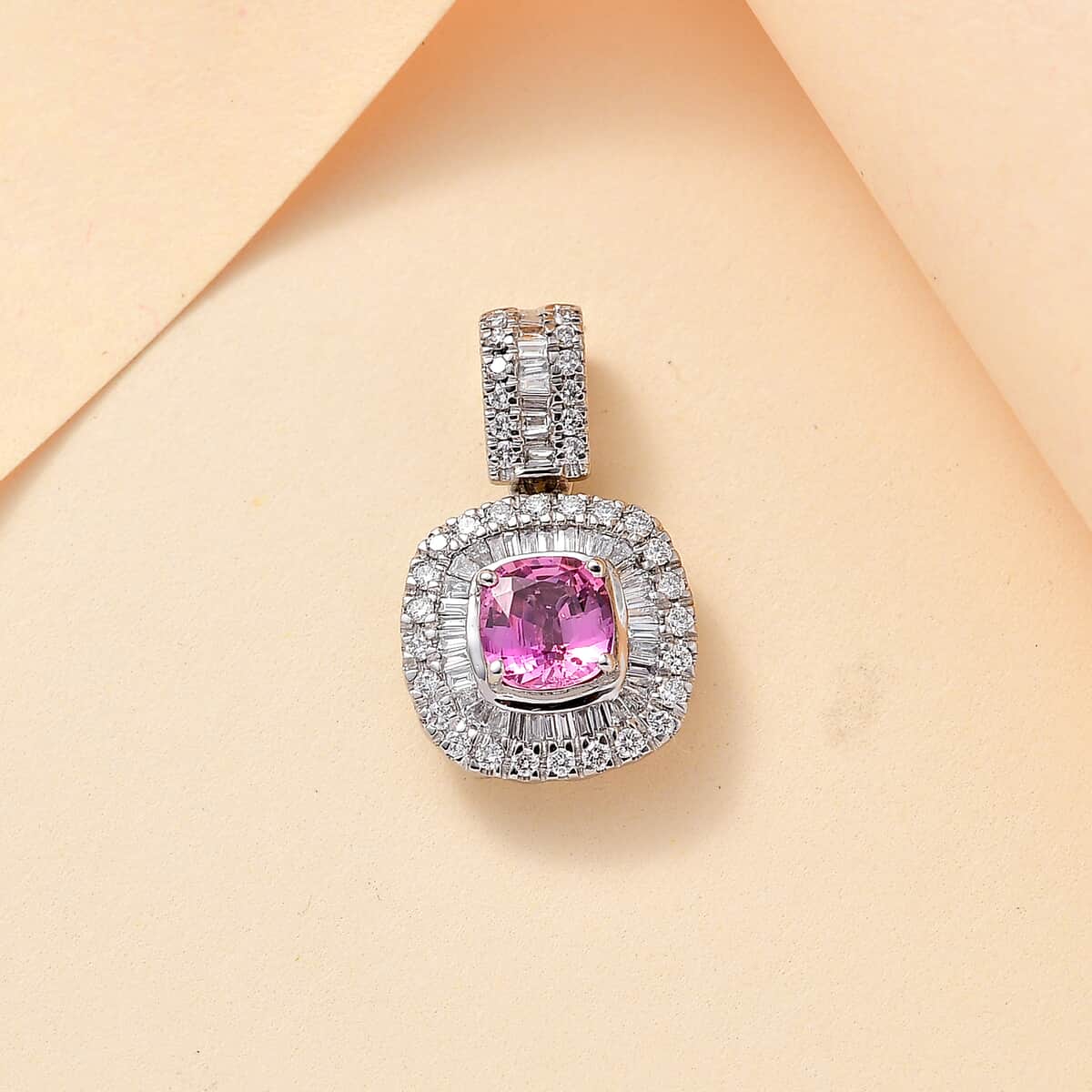 Certified & Appraised Rhapsody AAAA Padparadscha Sapphire and E-F VS2 Diamond 1.74 ctw Pendant in 950 Platinum image number 1