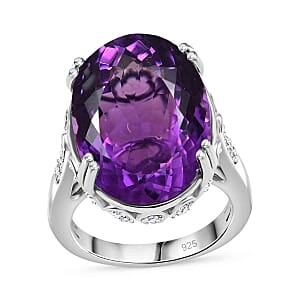 African Amethyst and White Zircon 24.74 ctw Ring in Rhodium Over Sterling Silver (Size 6.5)