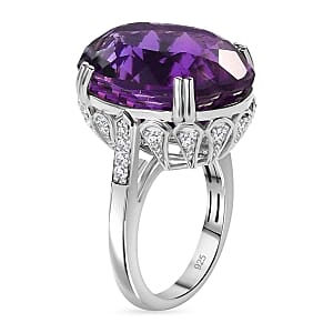 African Amethyst and White Zircon 24.74 ctw Ring in Rhodium Over Sterling Silver (Size 6.5)