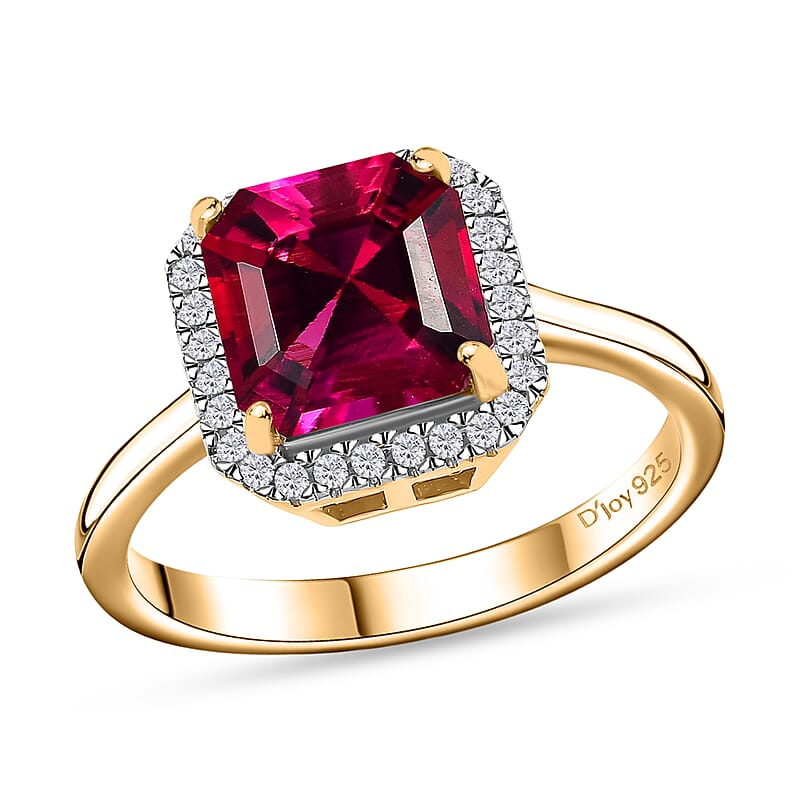 Asscher Cut Premium Lab Created Bixbite and Moissanite 2.75 ctw Halo Ring in 18K Vermeil Yellow Gold Over Sterling Silver (Size 10.0)