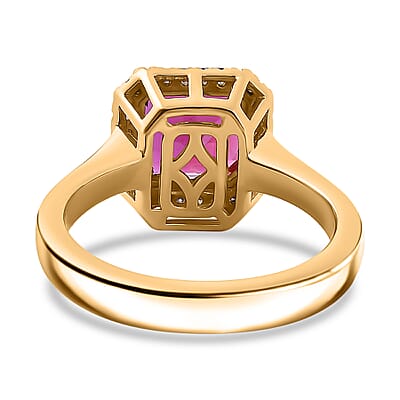 Asscher Cut Premium Lab Created Bixbite and Moissanite 2.75 ctw Halo Ring in 18K Vermeil Yellow Gold Over Sterling Silver (Size 10.0)