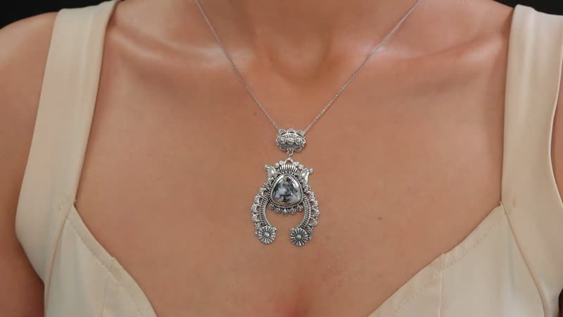 D'Joy Artisan Crafted White Buffalo Squash Blossom 10.20 ctw Pendant without Chain in Black Oxidized Sterling Silver
