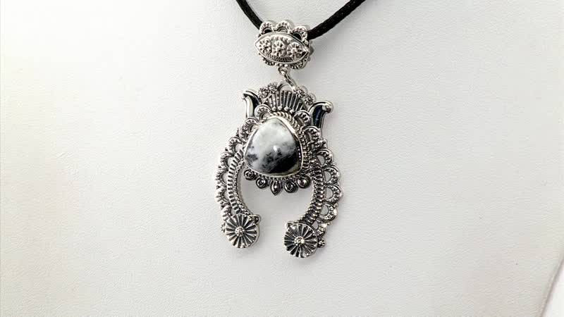 D'Joy Artisan Crafted White Buffalo Squash Blossom 10.20 ctw Pendant without Chain in Black Oxidized Sterling Silver