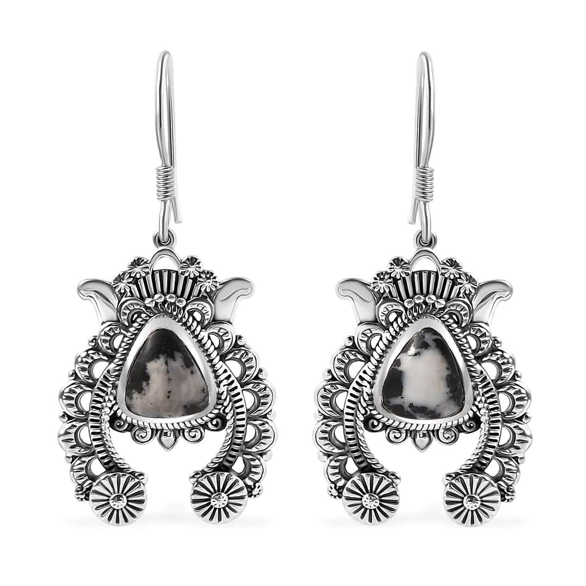 Artisan Crafted White Buffalo 6.15 ctw Squash Blossom Earrings in Black Oxidized Sterling Silver image number 0