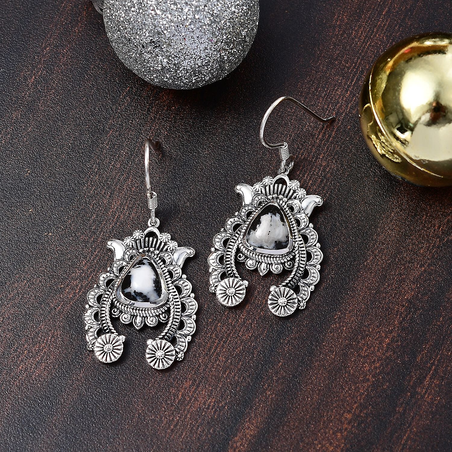 D'Joy Artisan Crafted White Buffalo 6.15 ctw Squash Blossom Earrings in Black Oxidized Sterling Silver