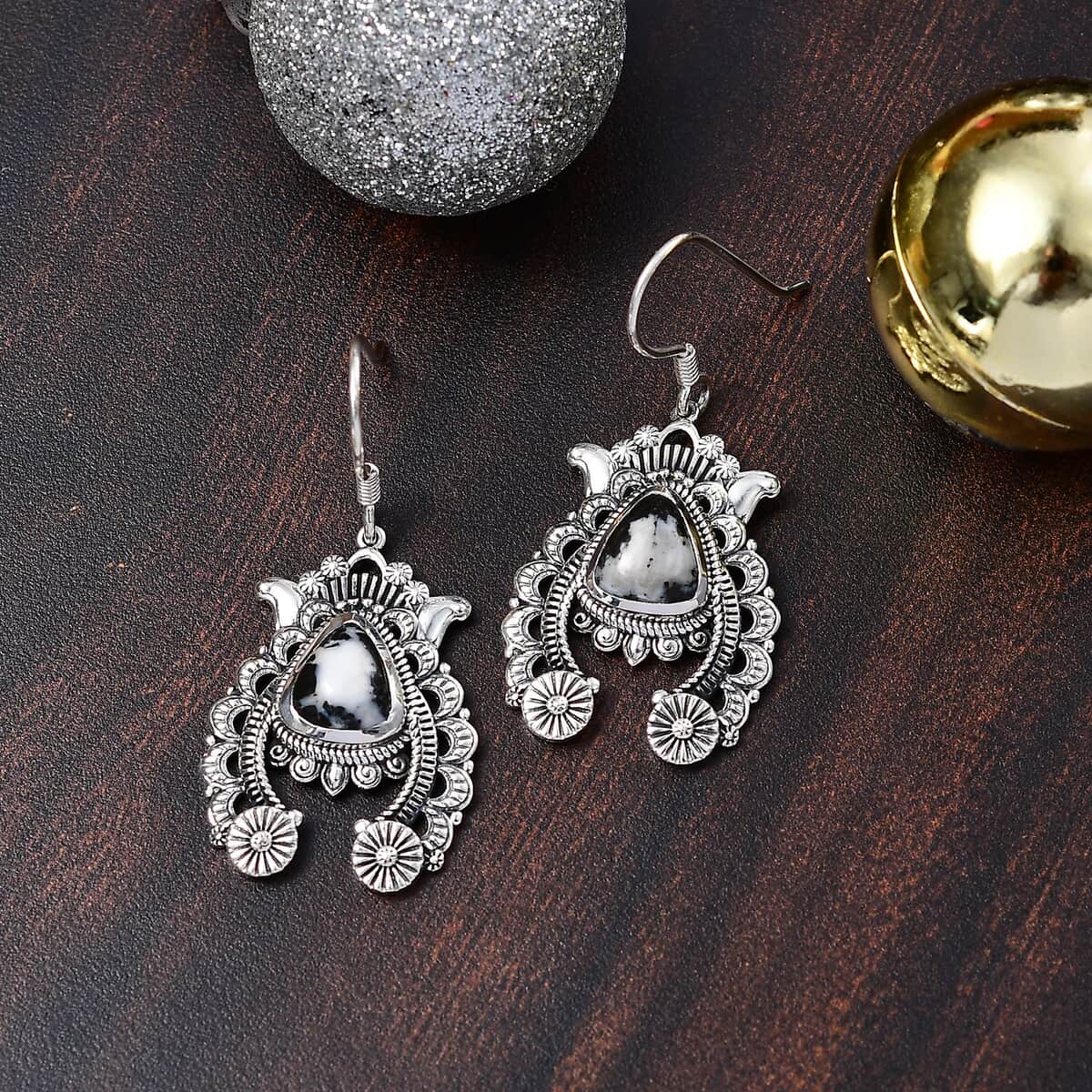 Artisan Crafted White Buffalo 6.15 ctw Squash Blossom Earrings in Black Oxidized Sterling Silver image number 1