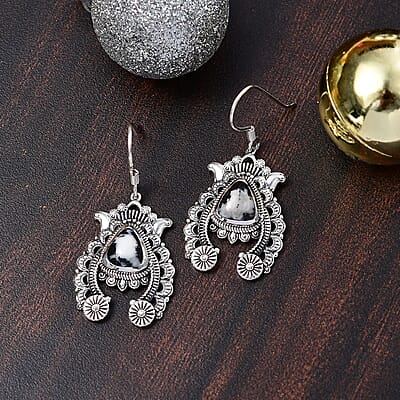 D'Joy Artisan Crafted White Buffalo 6.15 ctw Squash Blossom Earrings in Black Oxidized Sterling Silver
