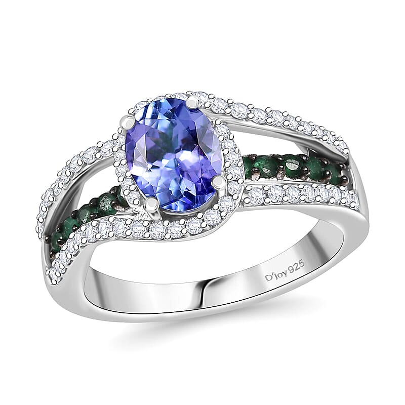D'Joy Tanzanite and Multi Gemstone 2.00 ctw Split Shank Halo Ring in Rhodium Over Sterling Silver (Size 10.0)