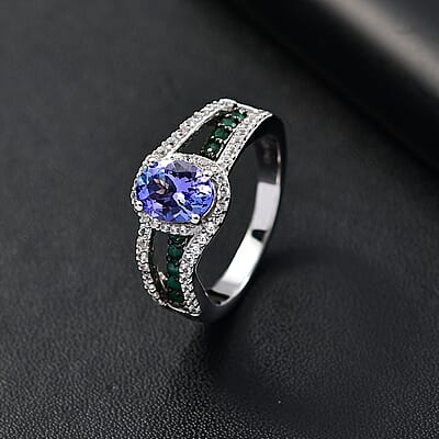 D'Joy Tanzanite and Multi Gemstone 2.00 ctw Split Shank Halo Ring in Rhodium Over Sterling Silver (Size 10.0)