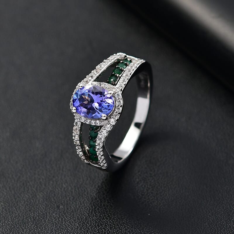 D'Joy Tanzanite and Multi Gemstone 2.00 ctw Split Shank Halo Ring in Rhodium Over Sterling Silver (Size 10.0)