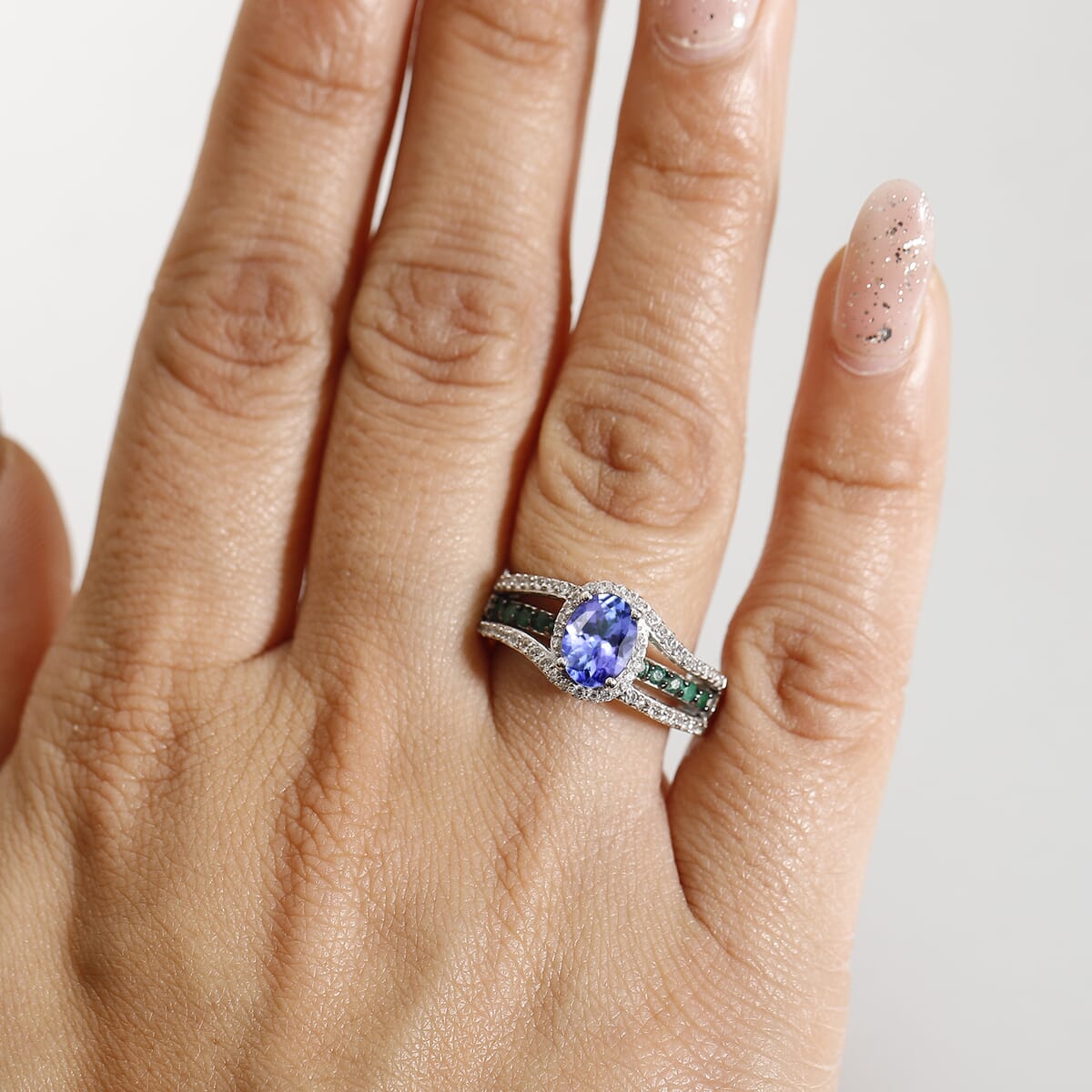 Tanzanite and Multi Gemstone 2.00 ctw Split Shank Halo Ring in Rhodium Over Sterling Silver (Size 10.0) image number 2