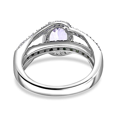 D'Joy Tanzanite and Multi Gemstone 2.00 ctw Split Shank Halo Ring in Rhodium Over Sterling Silver (Size 10.0)