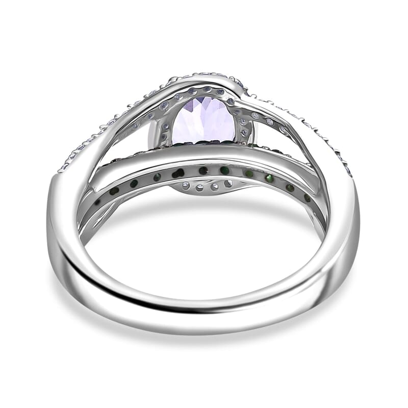 D'Joy Tanzanite and Multi Gemstone 2.00 ctw Split Shank Halo Ring in Rhodium Over Sterling Silver (Size 10.0)