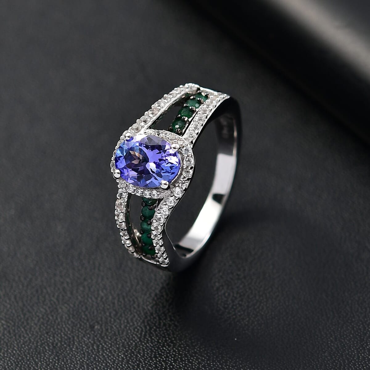 Tanzanite, Multi Gemstone Split Shank Halo Ring in Rhodium Over Sterling Silver (Size 11.0) 2.00 ctw image number 1