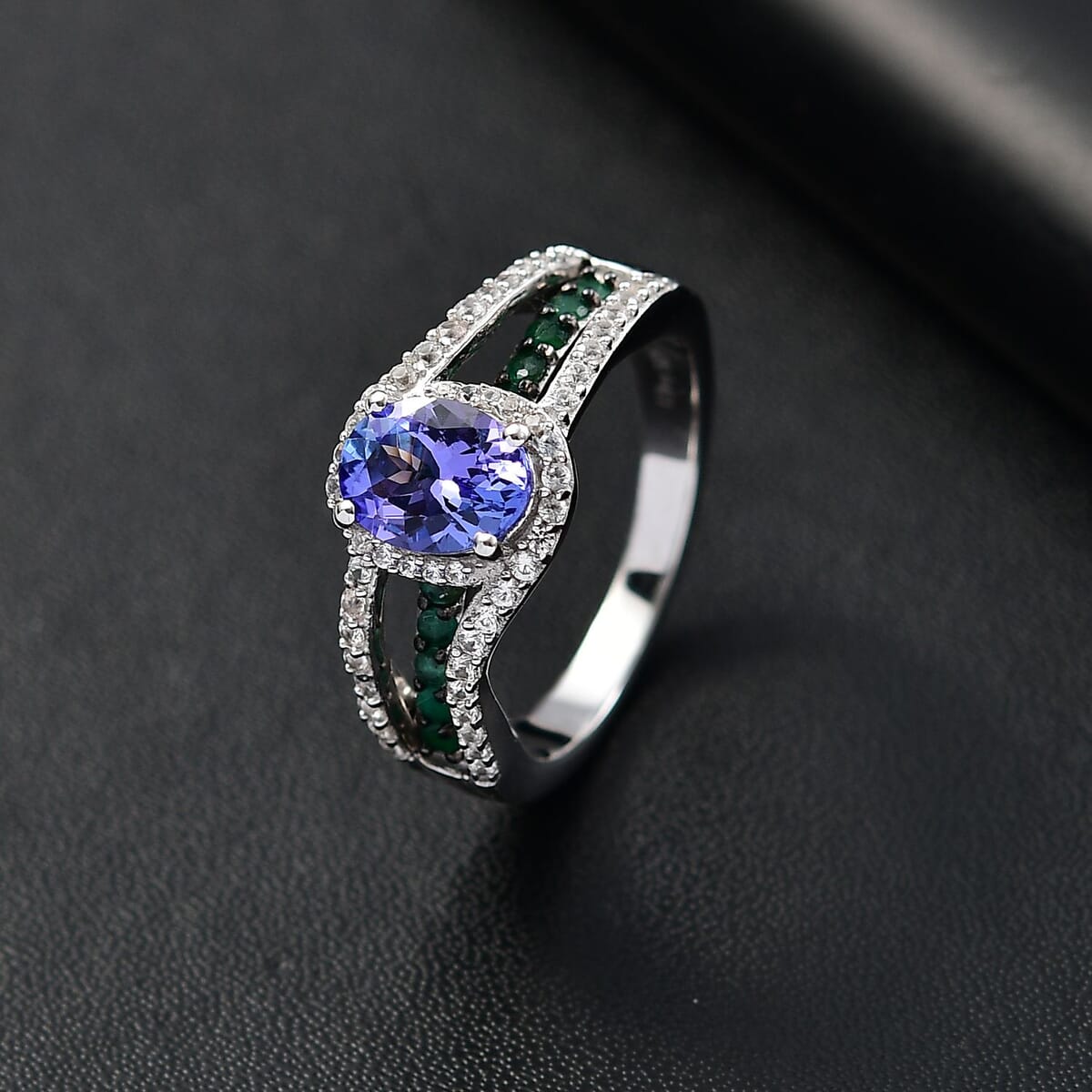 Tanzanite and Multi Gemstone 2.00 ctw Split Shank Halo Ring in Rhodium Over Sterling Silver (Size 7.0) image number 1