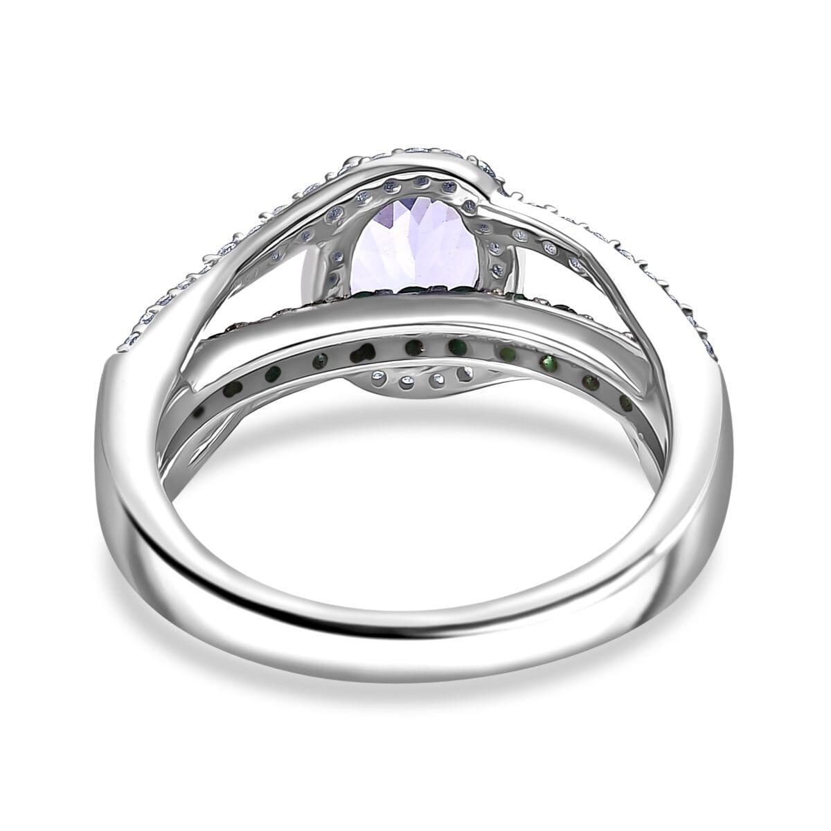 Tanzanite and Multi Gemstone 2.00 ctw Split Shank Halo Ring in Rhodium Over Sterling Silver (Size 7.0) image number 4