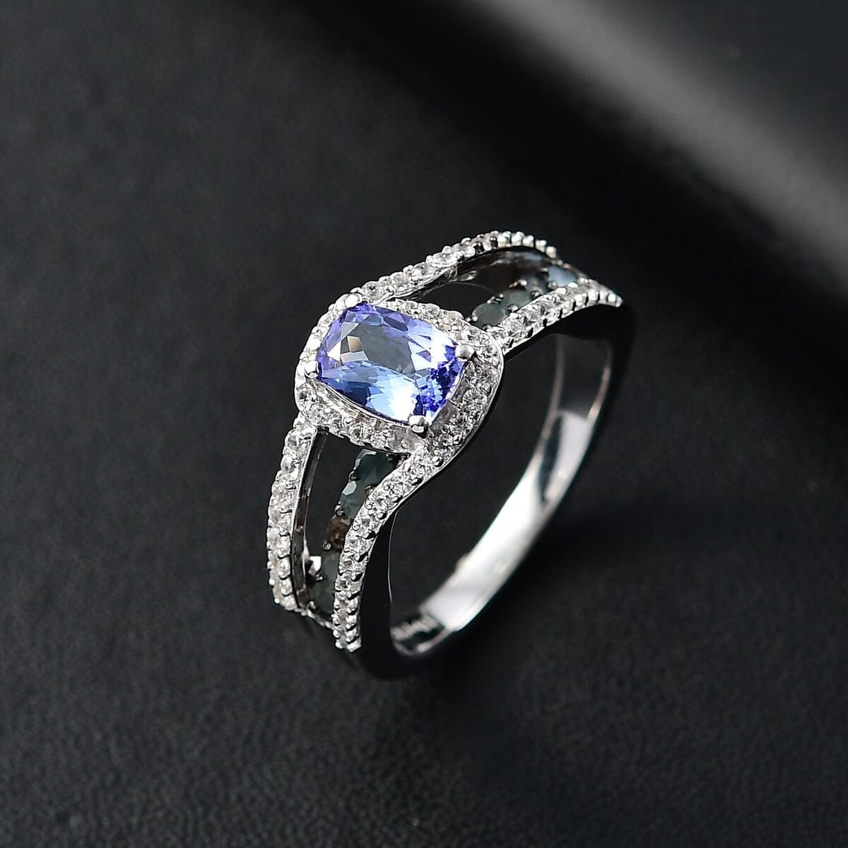 Tanzanite and Multi Gemstone 1.70 ctw Split Shank Halo Ring in Rhodium Over Sterling Silver (Size 10.0) image number 1