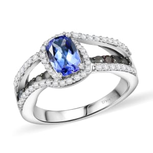 Tanzanite and Multi Gemstone 1.70 ctw Split Shank Halo Ring in Rhodium Over Sterling Silver (Size 9.0)