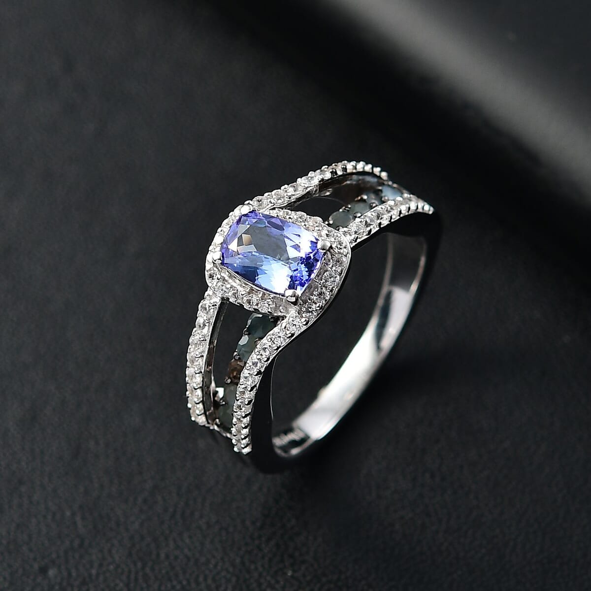 Tanzanite and Multi Gemstone 1.70 ctw Split Shank Halo Ring in Rhodium Over Sterling Silver (Size 9.0) image number 1