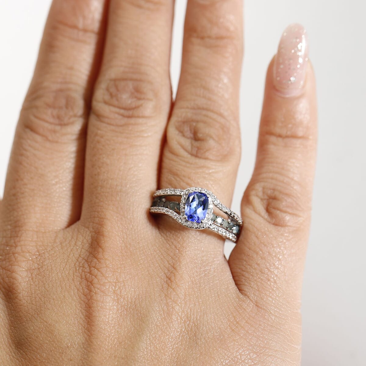 Tanzanite and Multi Gemstone 1.70 ctw Split Shank Halo Ring in Rhodium Over Sterling Silver (Size 9.0) image number 2