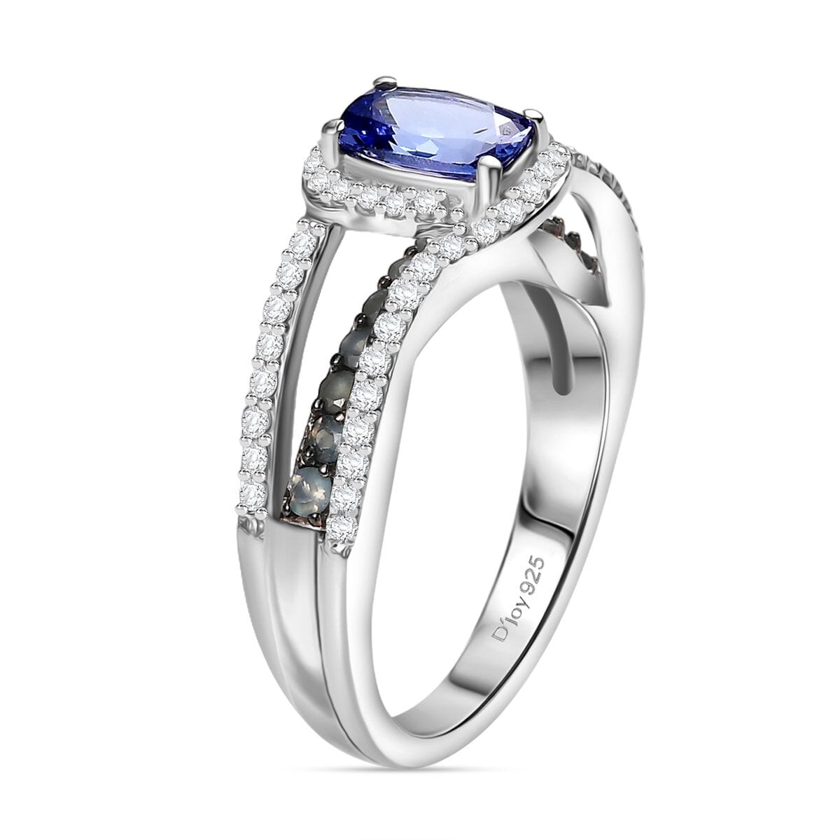 Tanzanite and Multi Gemstone 1.70 ctw Split Shank Halo Ring in Rhodium Over Sterling Silver (Size 9.0) image number 3