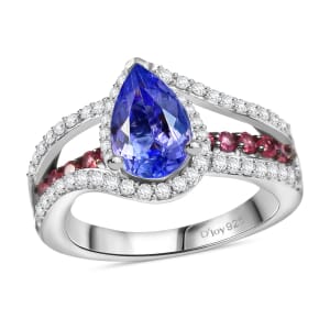 Tanzanite and Multi Gemstone 2.00 ctw Split Shank Halo Ring in Rhodium Over Sterling Silver (Size 6.0)