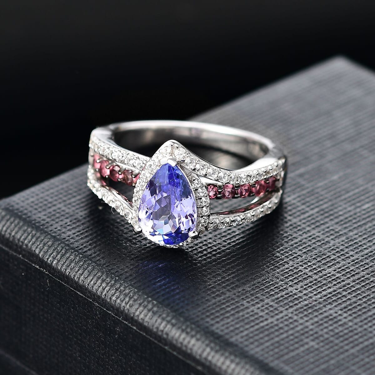 Tanzanite and Multi Gemstone 2.00 ctw Split Shank Halo Ring in Rhodium Over Sterling Silver (Size 9.0) image number 1
