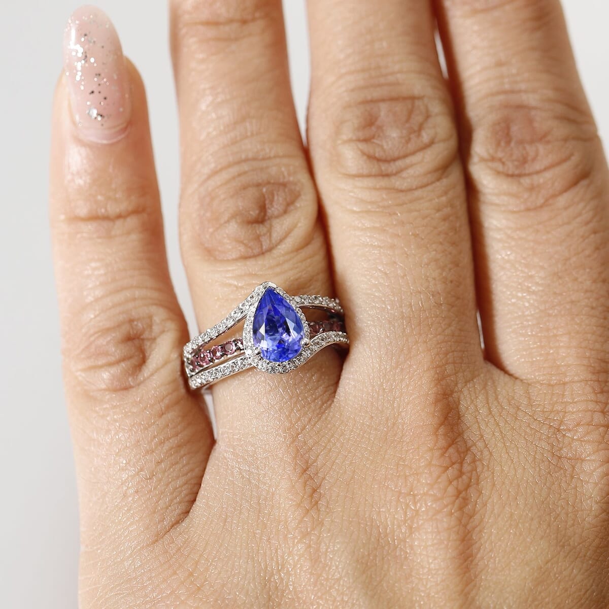 Tanzanite and Multi Gemstone 2.00 ctw Split Shank Halo Ring in Rhodium Over Sterling Silver (Size 9.0) image number 2