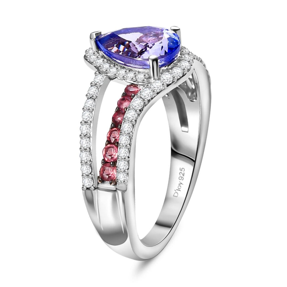 Tanzanite and Multi Gemstone 2.00 ctw Split Shank Halo Ring in Rhodium Over Sterling Silver (Size 9.0) image number 3