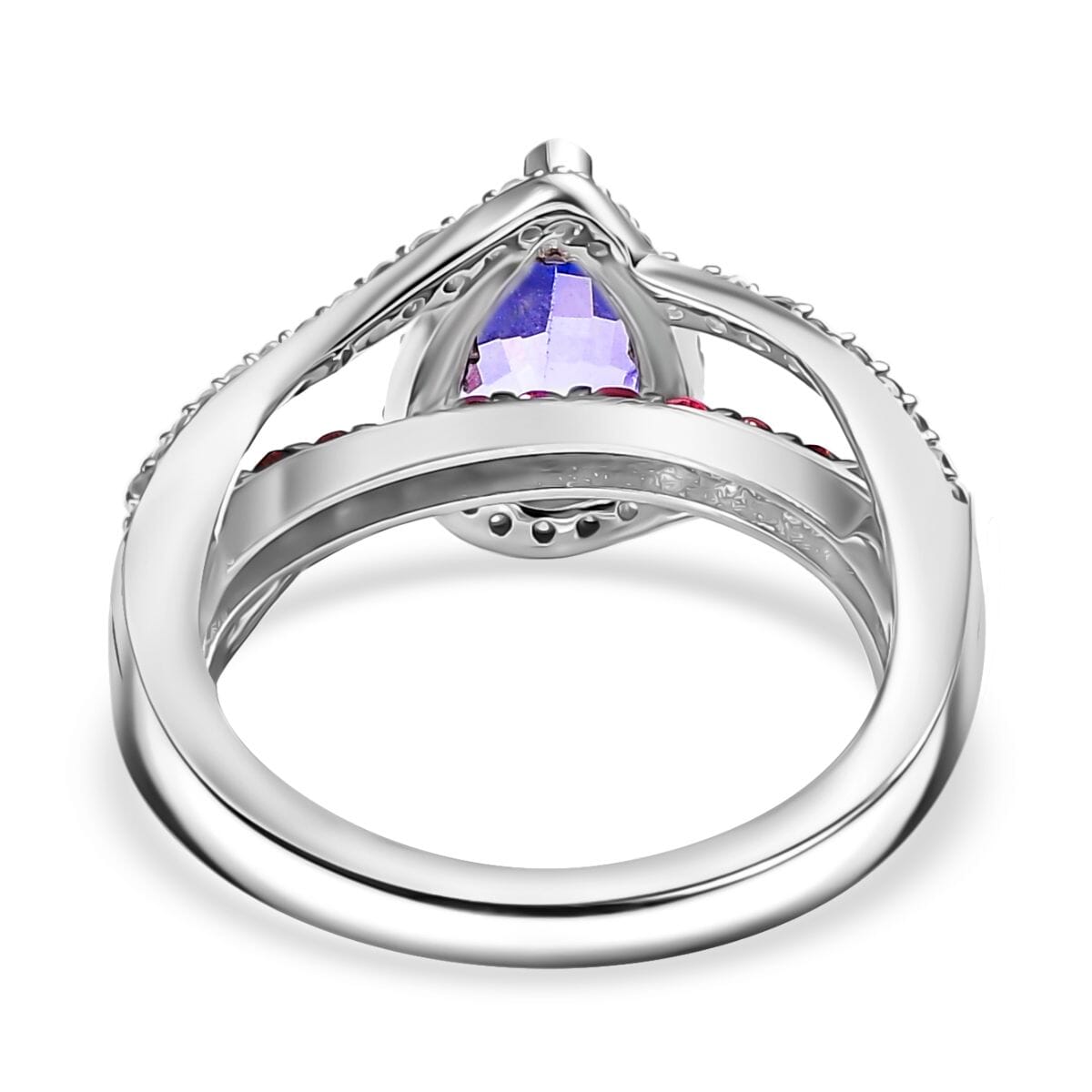 Tanzanite and Multi Gemstone 2.00 ctw Split Shank Halo Ring in Rhodium Over Sterling Silver (Size 9.0) image number 4