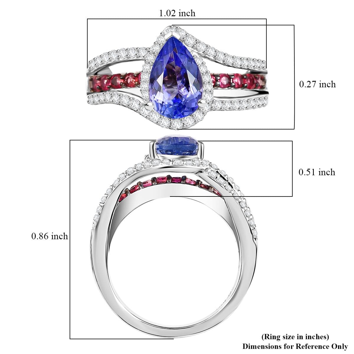 Tanzanite and Multi Gemstone 2.00 ctw Split Shank Halo Ring in Rhodium Over Sterling Silver (Size 9.0) image number 5