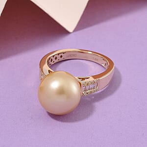 Luxoro South Sea Golden Cultured Pearl, Natural Yellow and White Diamond 0.12 ctw Ring in 14K Yellow Gold (Size 9.5)