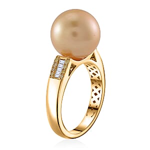 Luxoro South Sea Golden Cultured Pearl, Natural Yellow and White Diamond 0.12 ctw Ring in 14K Yellow Gold (Size 9.5)