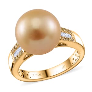 Luxoro South Sea Golden Cultured Pearl, Natural Yellow and White Diamond 0.12 ctw Ring in 14K Yellow Gold (Size 10.5)
