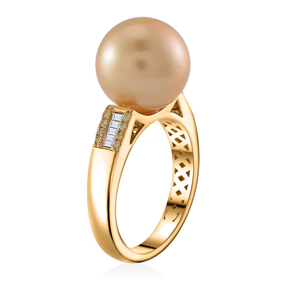Luxoro South Sea Golden Cultured Pearl, Natural Yellow and White Diamond 0.12 ctw Ring in 14K Yellow Gold (Size 10.5) image number 3