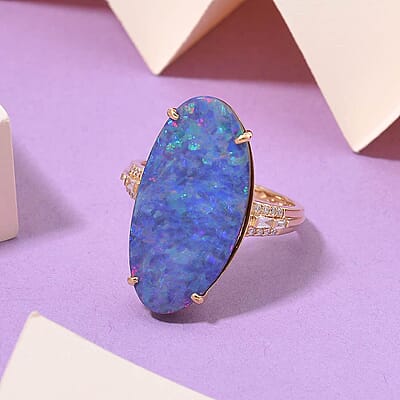 Luxoro AAA Boulder Opal Doublet and I2 Diamond 7.50 ctw Ring in 14K Yellow Gold (Size 5.0)