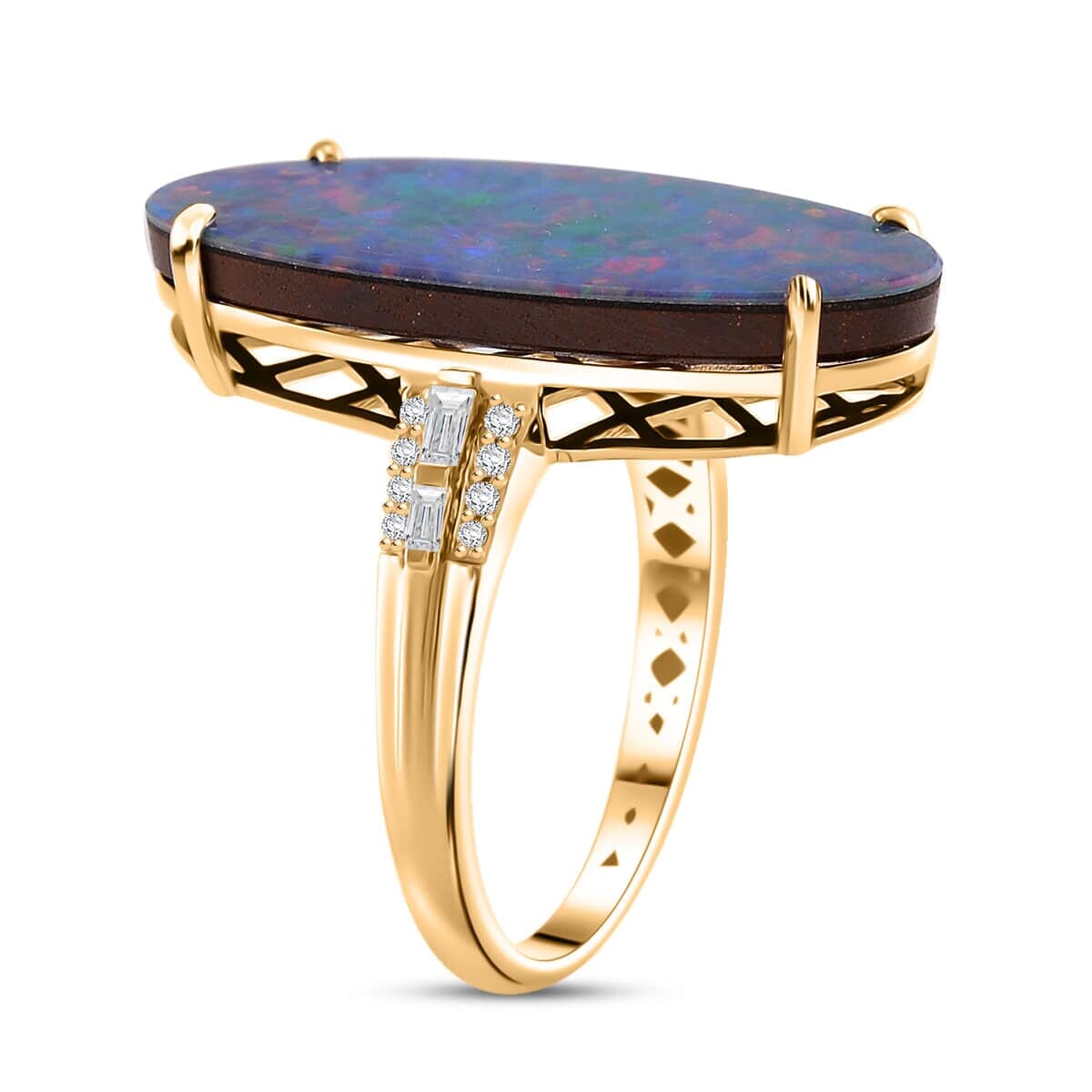 Luxoro AAA Boulder Opal Doublet and I2 Diamond 7.50 ctw Ring in 14K Yellow Gold (Size 5.5) image number 3