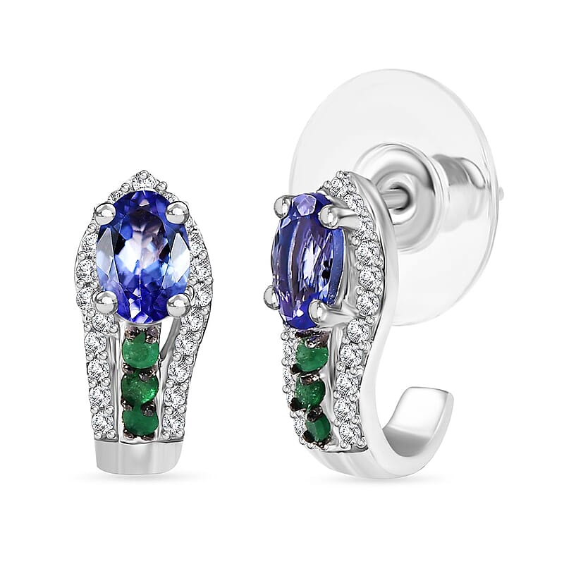 D'Joy Tanzanite and Multi Genstone 1.50 ctw J-Hoop Earrings in Rhodium Over Sterling Silver