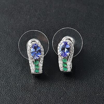 D'Joy Tanzanite and Multi Genstone 1.50 ctw J-Hoop Earrings in Rhodium Over Sterling Silver