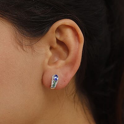 D'Joy Tanzanite and Multi Genstone 1.50 ctw J-Hoop Earrings in Rhodium Over Sterling Silver