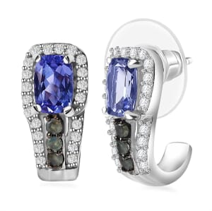 Tanzanite and Multi Genstone 1.80 ctw J-Hoop Earrings in Rhodium Over Sterling Silver