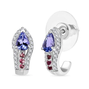 Tanzanite and Multi Genstone 1.30 ctw J-Hoop Earrings in Rhodium Over Sterling Silver