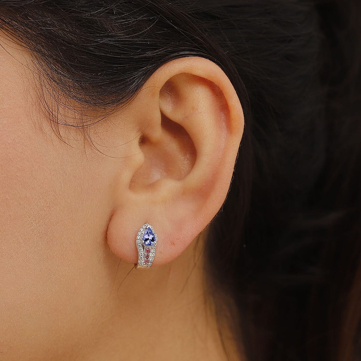 D'Joy Tanzanite and Multi Genstone 1.30 ctw J-Hoop Earrings in Rhodium Over Sterling Silver image number 2