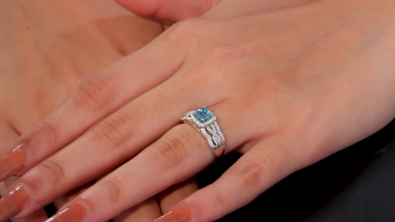 Asscher Cut Cambodian Blue Zircon, Moissanite Ring in Rhodium Over Sterling Silver (Size 10.0) 1.70 ctw