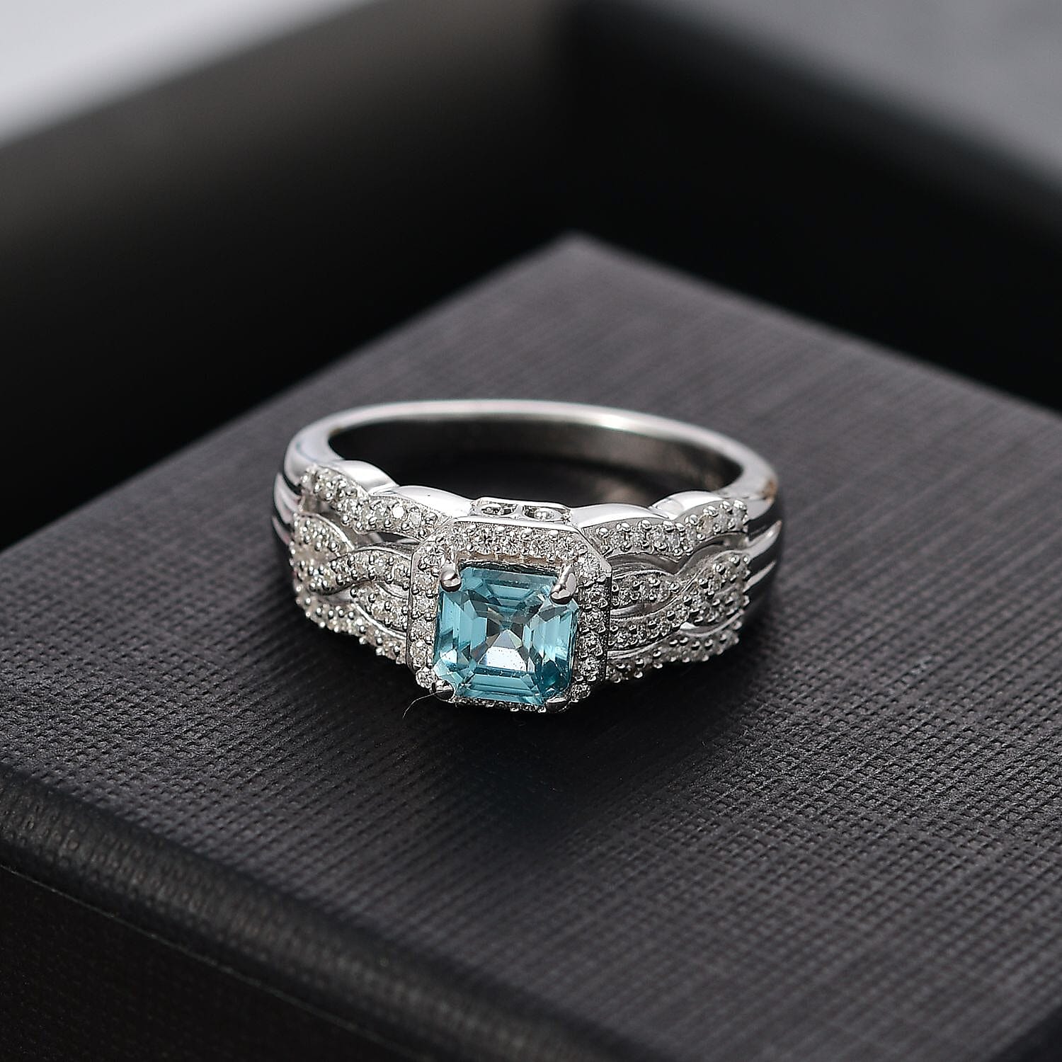 Asscher Cut Cambodian Blue Zircon and Moissanite 1.70 ctw Ocean Breeze Ring in Rhodium Over Sterling Silver (Size 10.0)