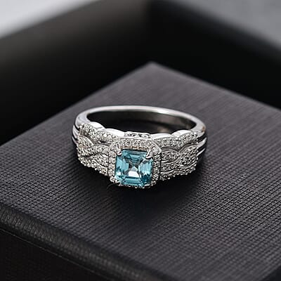 Asscher Cut Cambodian Blue Zircon and Moissanite 1.70 ctw Ocean Breeze Ring in Rhodium Over Sterling Silver (Size 10.0)