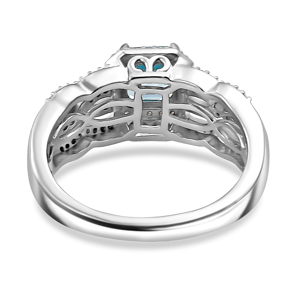 Asscher Cut Cambodian Blue Zircon and Moissanite 1.70 ctw Ocean Breeze Ring in Rhodium Over Sterling Silver (Size 10.0)