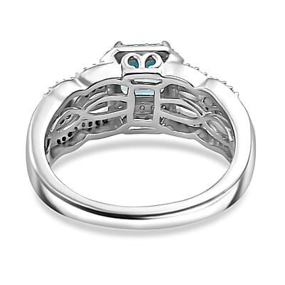 Asscher Cut Cambodian Blue Zircon and Moissanite 1.70 ctw Ocean Breeze Ring in Rhodium Over Sterling Silver (Size 10.0)