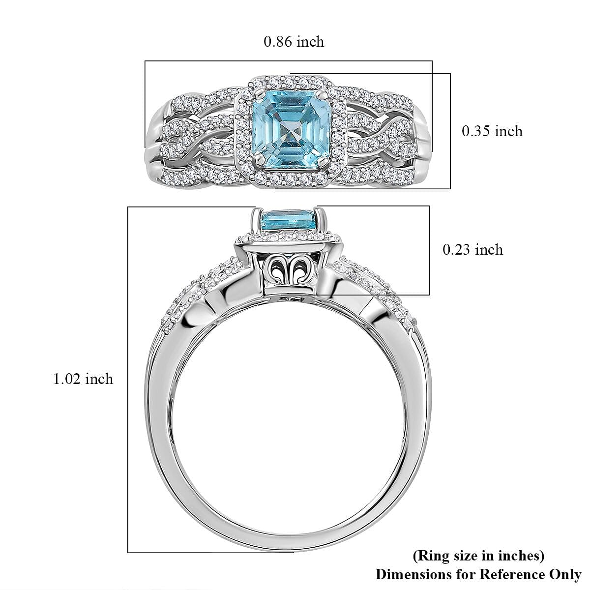 Asscher Cut Cambodian Blue Zircon and Moissanite 1.70 ctw Ocean Breeze Ring in Rhodium Over Sterling Silver (Size 10.0)
